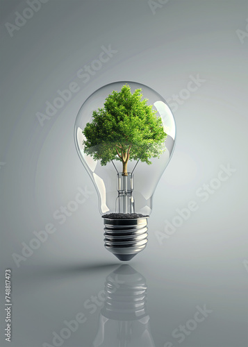 Green alternative energy concept, tree in a light bulb, reasonable consumption and ecology, bright style
