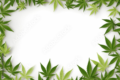 Banner with hemp or cannabis leaves isolated on white background. Top view  flat lay  postcard  template or mock up