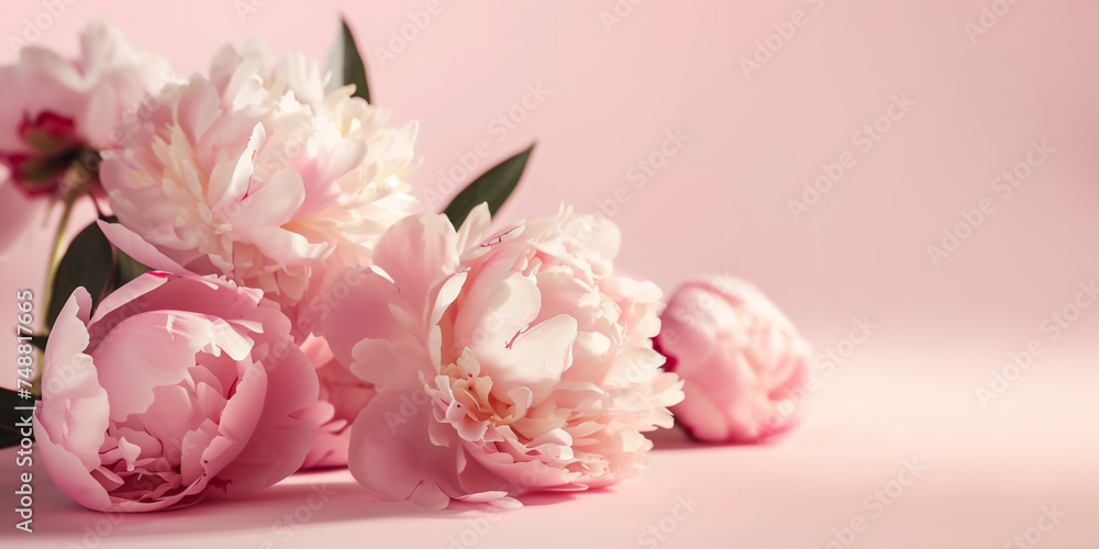 Soft pink peonies on studio pink background. Beautiful spring bouquet of flowers. Mothers Day, International Womens Day banner.