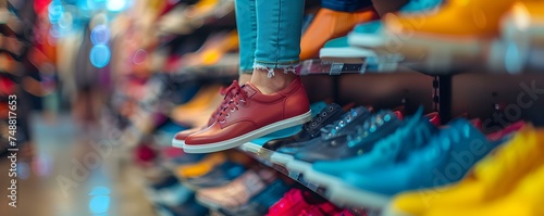 Woman smiling while shopping for shoes in a store enjoying fashion. Concept Fashion Shopping, Shoe Store, Smiling Woman, Enjoying Fashion, Trendy Style