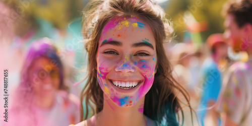 People at Holi festival. Portrait of happy young woman with colourful powder paint on her face.