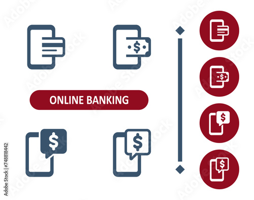 Online banking icons. Internet banking, money, dollar, smartphone, mobile phone, dollar, bill, credit card icon