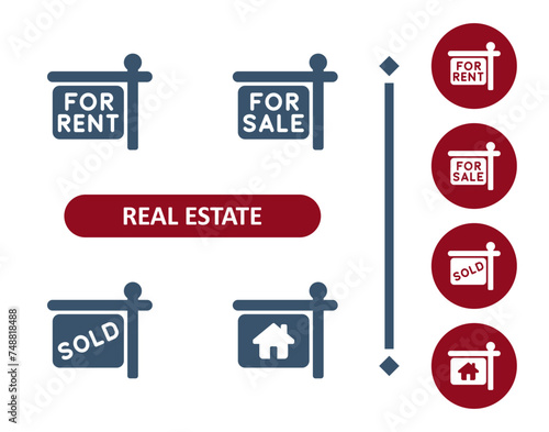 Real estate icons. House, home, sign, real estate signs, for sale, for rent, sold icon