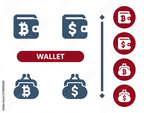 Wallet Icons. Coin purse, change purse, dollar, bitcoin, cryptocurrency, crypto currency icon