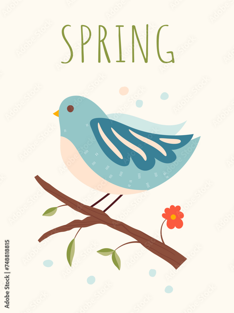 Spring composition for a card or postcard. Illustration with hand drawn decorative elements, isolated on white background. Cute vector bird on a brunch.