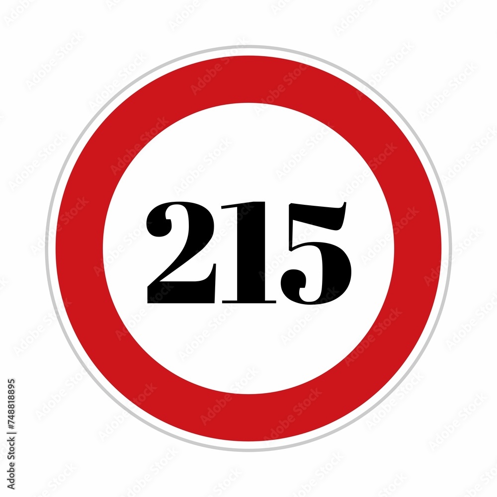 215 kmph or mph speed limit sign icon. Road side speed indicator safety element. Two hundred fifteen speed sign flat isolated on white background 215 kmph or mph speed limit sign icon. Road side speed indicator safety element. Two hundred fifteen speed sign flat isolated on white background