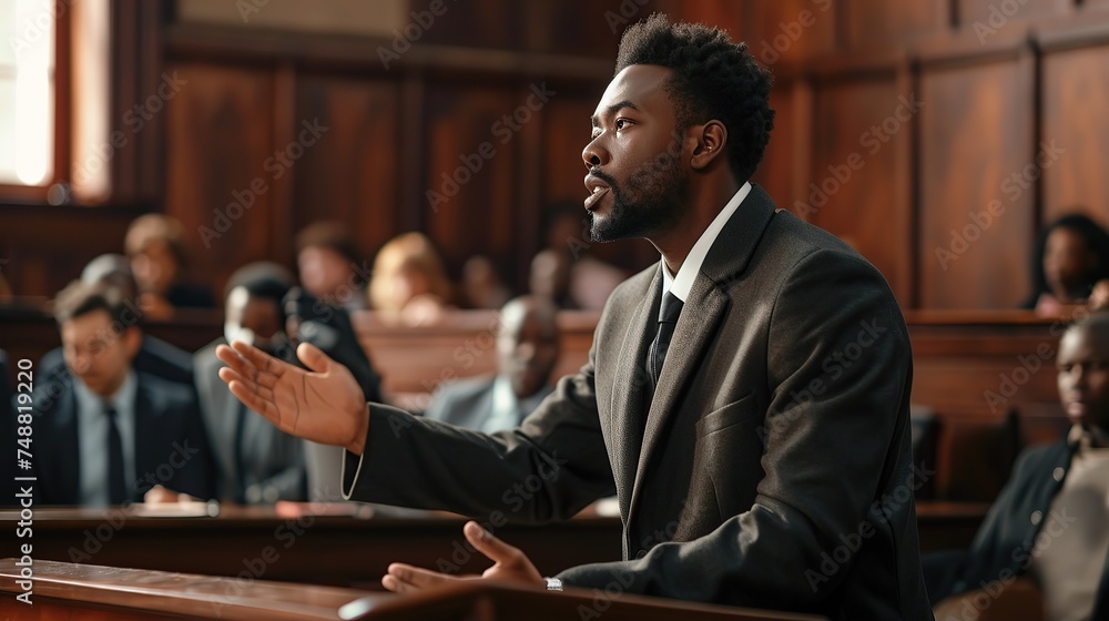 Court of Justice and Law Trial: Male Public Defender Presenting Case ...