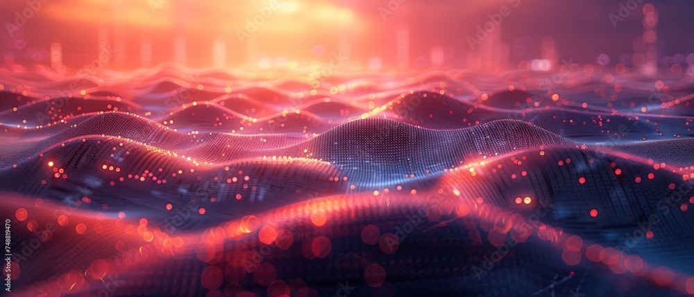 Conceptual illustration of smart city and abstract dot point connected with gradient line and aesthetic intricate wave line design, and big data connection technology.