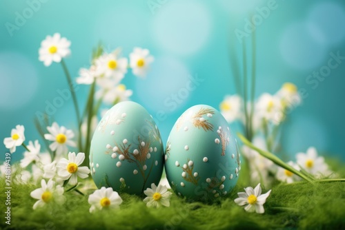 Dye handmade floral decorated Easter eggs with white spring flowers on blue background.