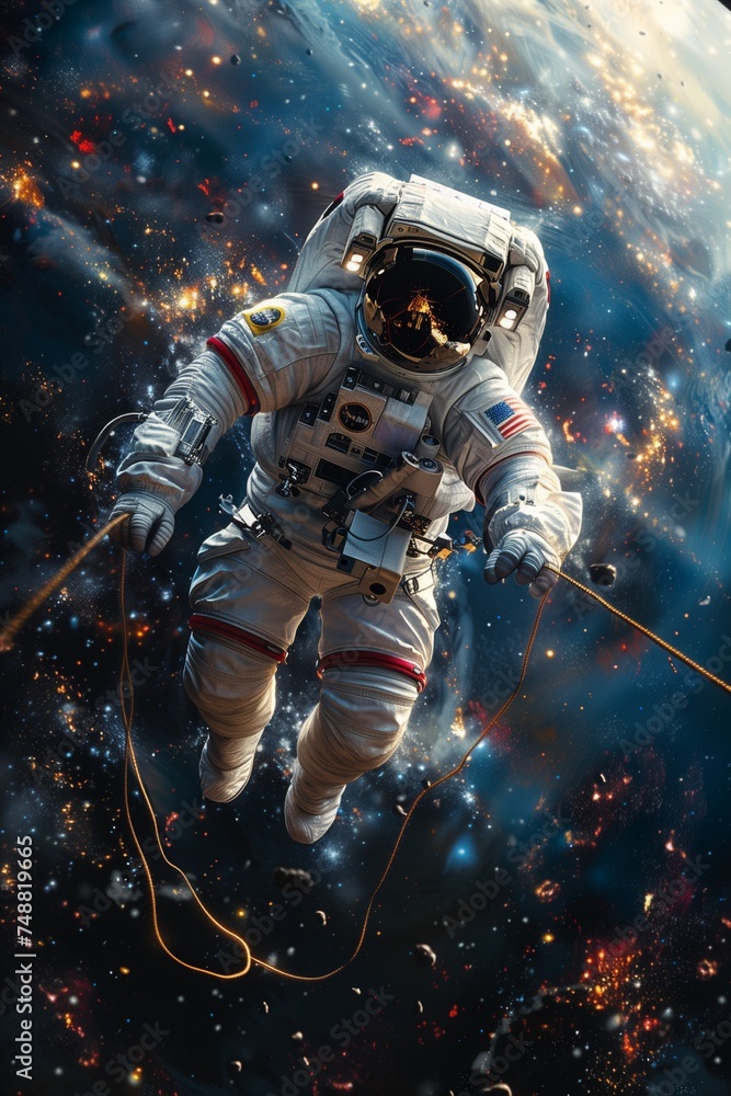 Fototapeta premium Astronaut Tethered to Spaceship, Earth's Majestic Backdrop