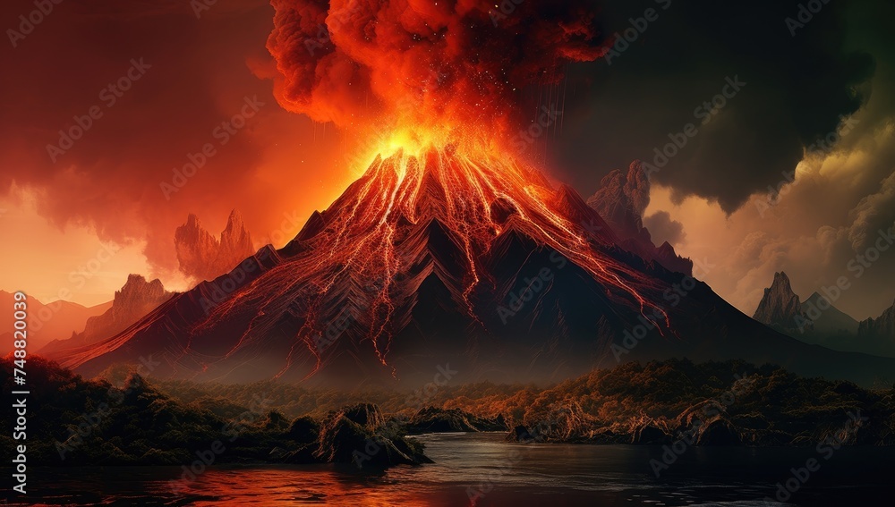 a volcano with hot lava flowing through