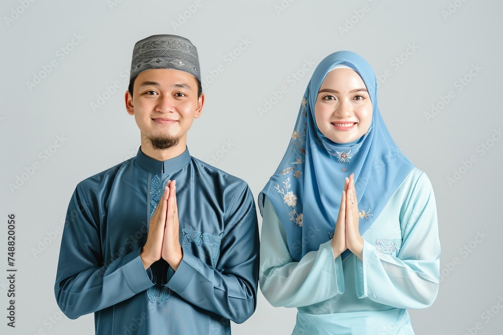 Smiling young Asian Muslim couple gesturing Eid Mubarak greeting isolated over grey background