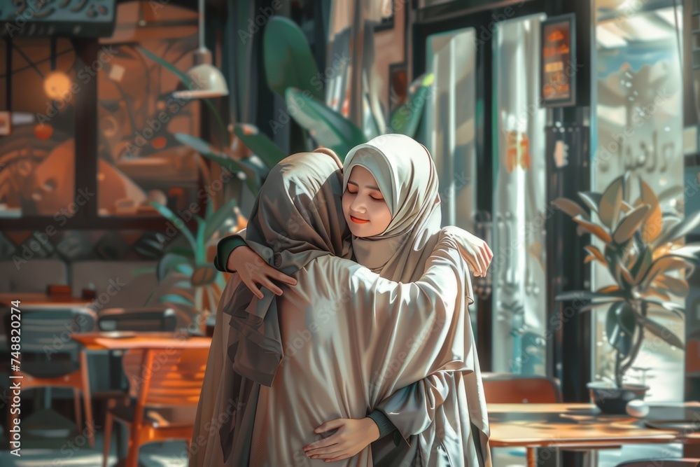 2 Muslim women hugging each other in a restaurant