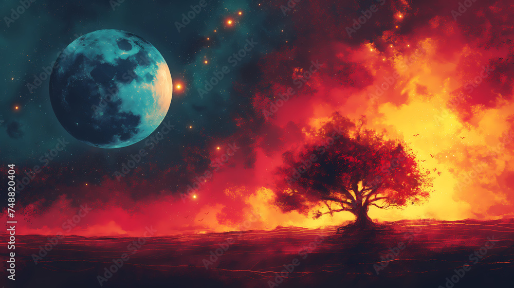 moon in the sky meets the dusk, Fiery Night Sky: A Surreal Landscape Illustration