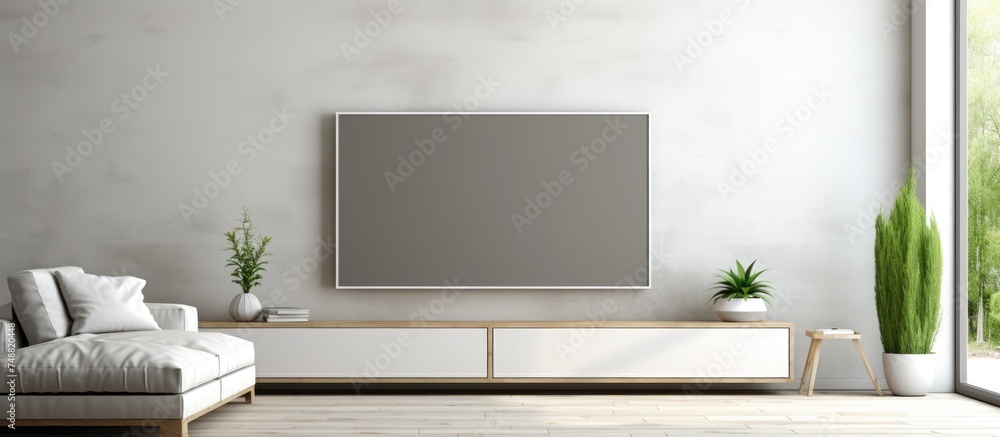 Obraz premium A contemporary living room featuring a comfortable couch and a sleek smart TV mounted on the wall. The room is well-decorated and neatly organized,