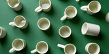 Circle of White Cups and Saucers on Green Surface, Elegant Tableware Arrangement with Reflections, Minimalist Tea Party Setting