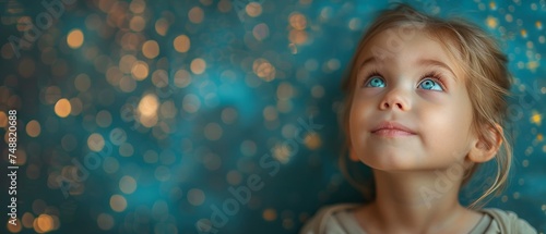 The funny kid plays and dreams of becoming a spaceman. Portrait of the funny kid against a blue wall with yellow stars.