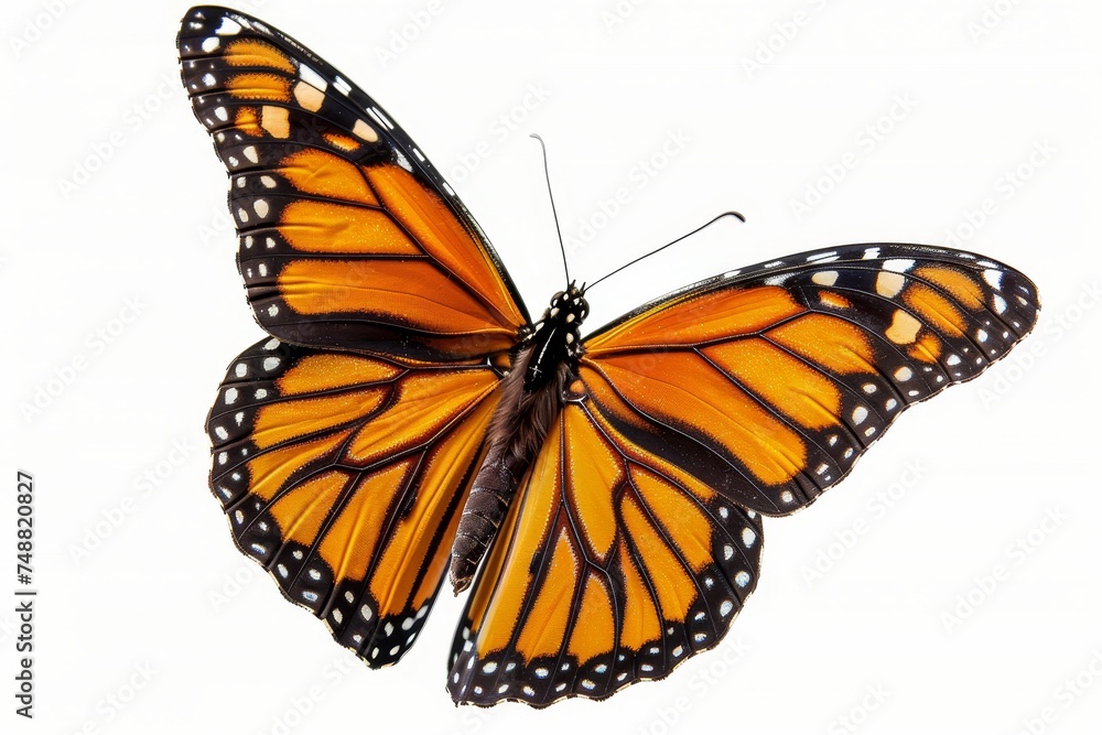 In the top view, a monarch butterfly shows open wings of the flying ...