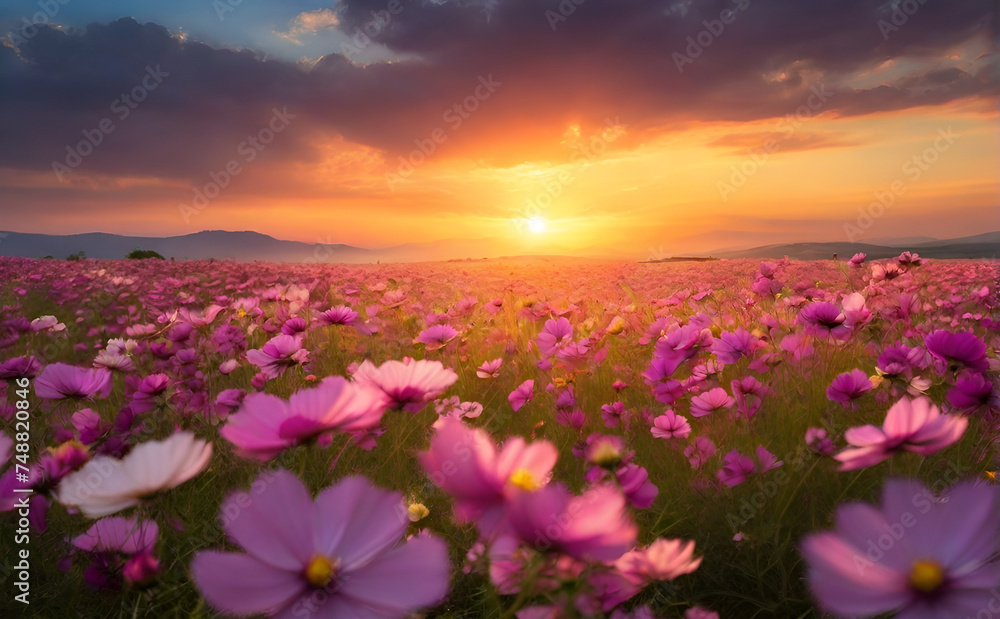 Fototapeta premium Cosmos flower field photography, generative ai