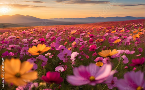 Cosmos flower field photography, generative ai