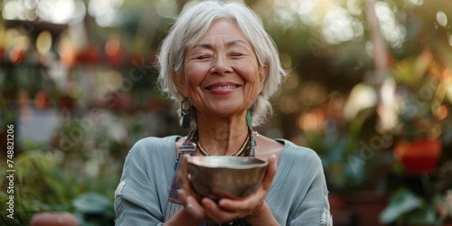 woman smiling happily while holding buddha bowl Generative AI photo