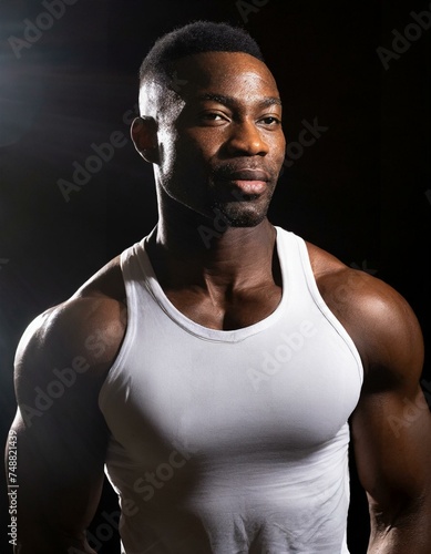 Close-up portrait of a very attractive, strong black man in white tank top on dark background