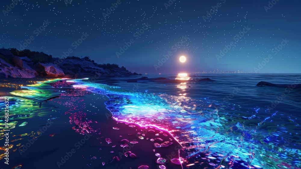 light blue beach covered with colored glowing glass, fluorescent ocean, moonlight, sparkling stars.
