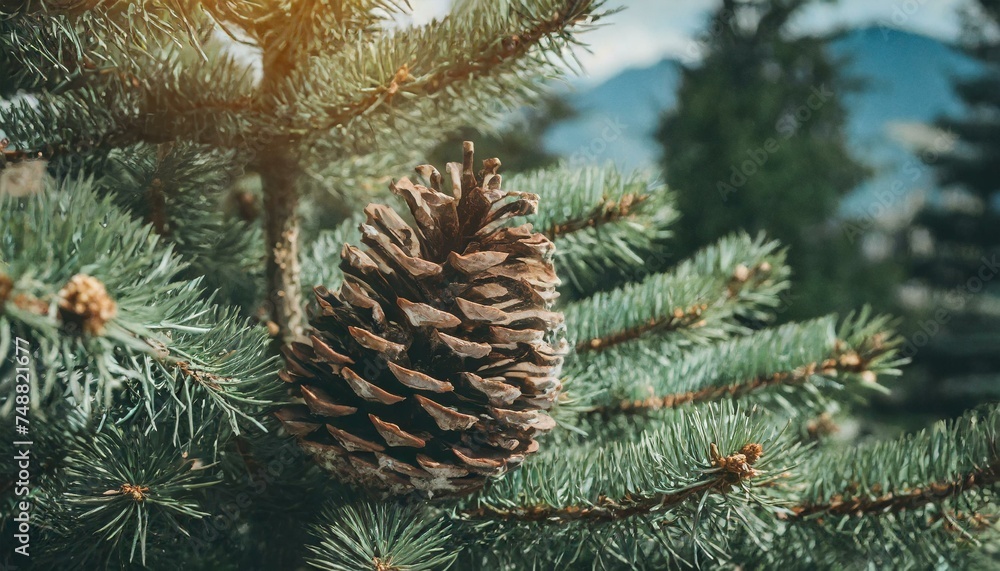 A conifer cone or pinecone on a tree, beautiful forest background