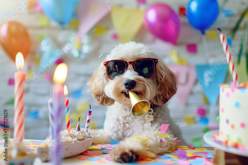Poodle dog celebrating birthday with party hat and cake
