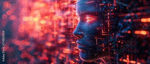 In this isometric illustration, artificial intelligence has been applied to the image of a humanoid head with an anthropomorphic face analyzing a flow of big data. The digital brain is learning data photo
