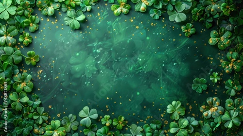 Top view photo of st patrick's day decorations green shamrocks and clover shaped confetti on isolated pastel green background © MUCHIB