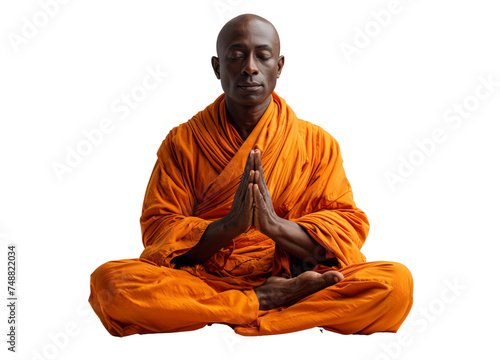 Monk Buddhist in meditation sitting in lotus pose isolated on white, transparent. PNG