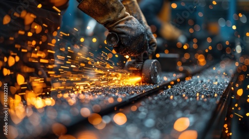 Close-up of sparks from grinding metal structures at a factory