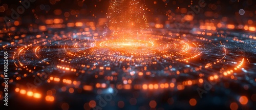An orange techno blaze ignites a Cyberpunk Spectacle of Futuristic Marvels on a podium high-tech modern technology electrifying