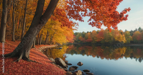 A tranquil autumn scene by a lake, where the warm golden sunlight softly illuminates the vibrant red and orange leaves of a maple tree.
