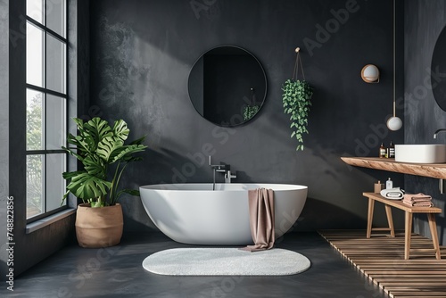 Modern stylish bathroom with white toilet bathtub and dark gray walls in a minimalist style at simple apartment of hotel room or spa center. Interior design concept