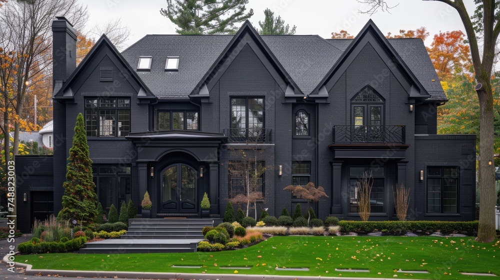 a two-story traditional house featuring a matte black exterior and charcoal grey roofing in a realistic photograph, enhance the home's majestic presence, a neatly landscaped front yard.