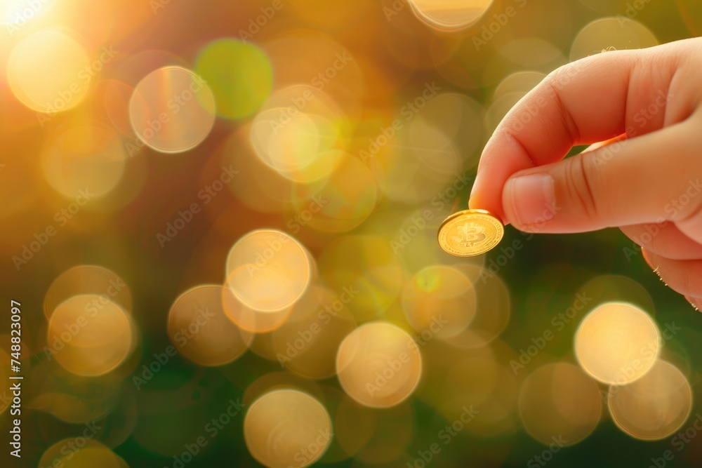 Obraz premium A child's finger is placing a gold coin on top. There were other piles of coins next to each other. It's like saving money for a business. has green bokeh