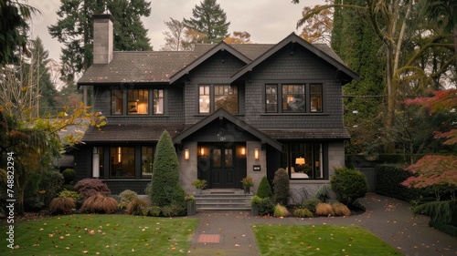 a two-story traditional house featuring a matte black exterior and charcoal grey roofing in a realistic photograph, enhance the home's majestic presence, a neatly landscaped front yard. © lililia