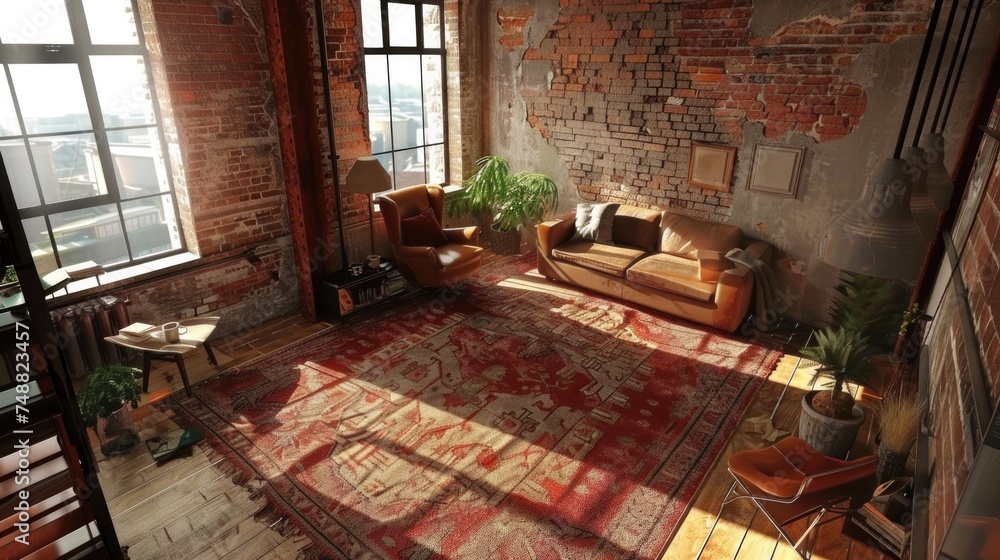 Living room interior in loft, industrial style, 3d render Living room interior in loft, industrial style, 3d render