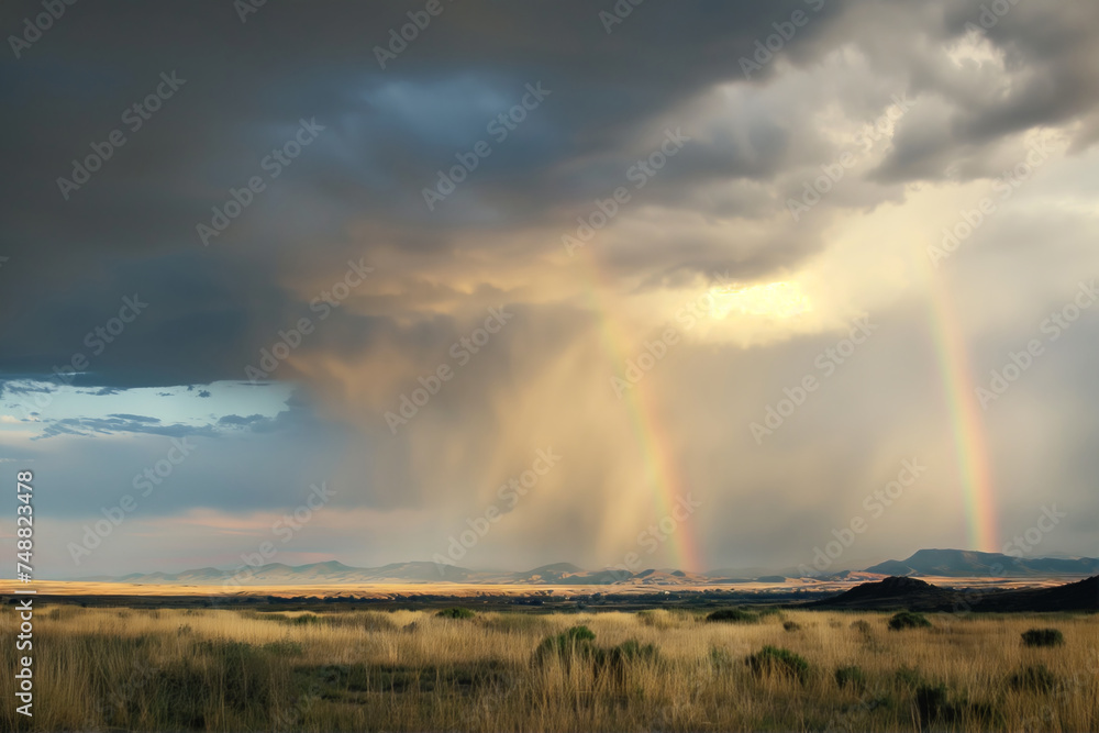 Dual rainbows emerge from a dramatic sky over a vast, golden field, hinting at peace after a storm.