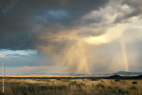 Dual rainbows emerge from a dramatic sky over a vast, golden field, hinting at peace after a storm.