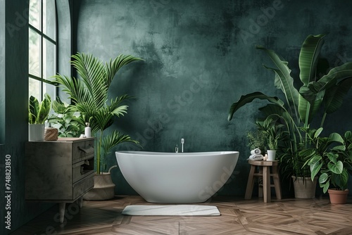 Modern stylish bathroom with white toilet bathtub and dark green walls in a minimalist style at simple apartment of hotel room or spa center. Interior design concept