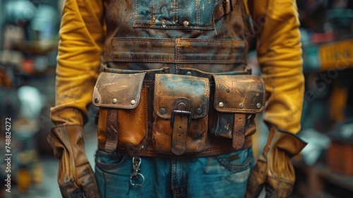 Close-up of Maintenance worker with bag and tools kit wearing on waist photo
