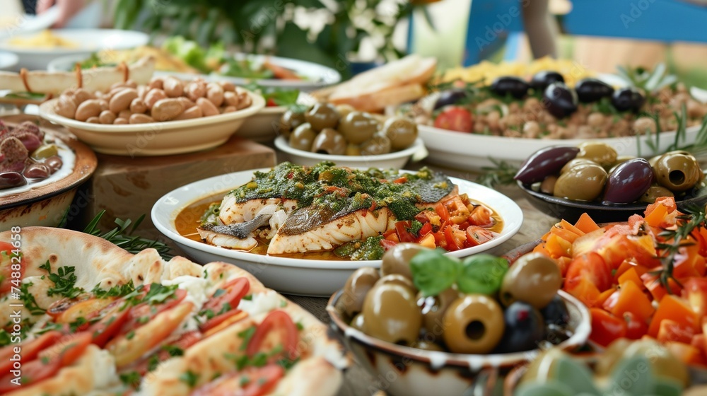 Mediterranean dishes arranged outdoors on a table at a taverna in Southern Europe.