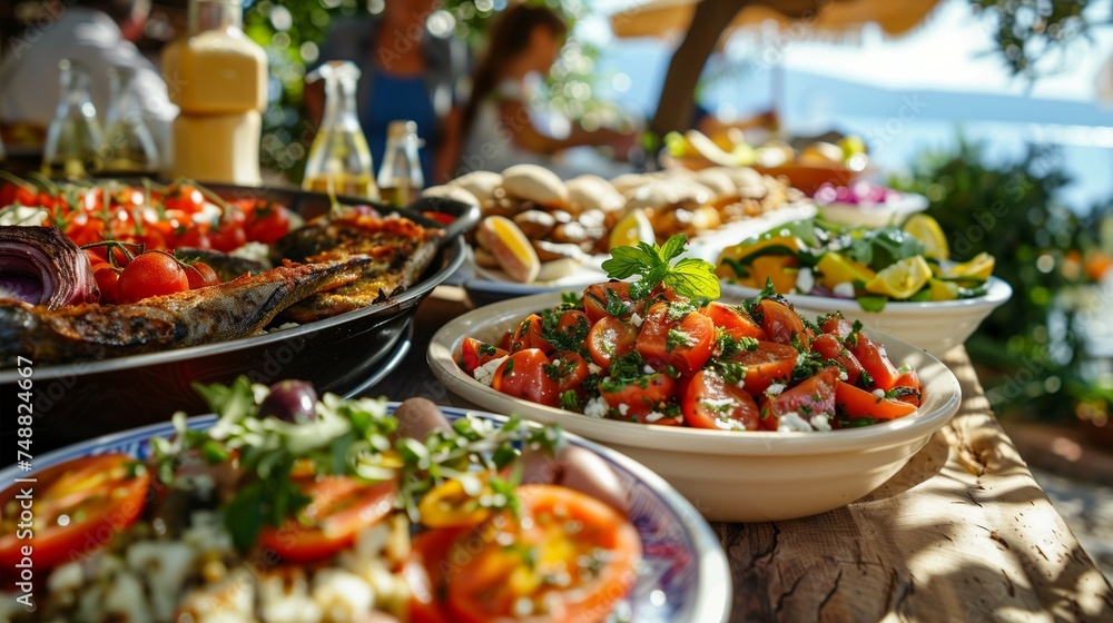 Mediterranean dishes arranged outdoors on a table at a taverna in Southern Europe.