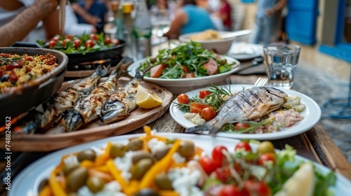 Mediterranean dishes arranged outdoors on a table at a taverna in Southern Europe.
