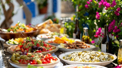 Mediterranean dishes arranged outdoors on a table at a taverna in Southern Europe.