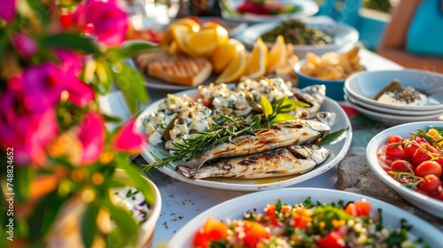 Mediterranean dishes arranged outdoors on a table at a taverna in Southern Europe.