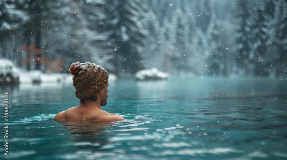 middle aged man with and fur hat is hardening the body in cold river winter time. Good immunity is protection against many diseases. middle aged man with and fur hat is hardening the body in cold river winter time. Good immunity is protection against many diseases.